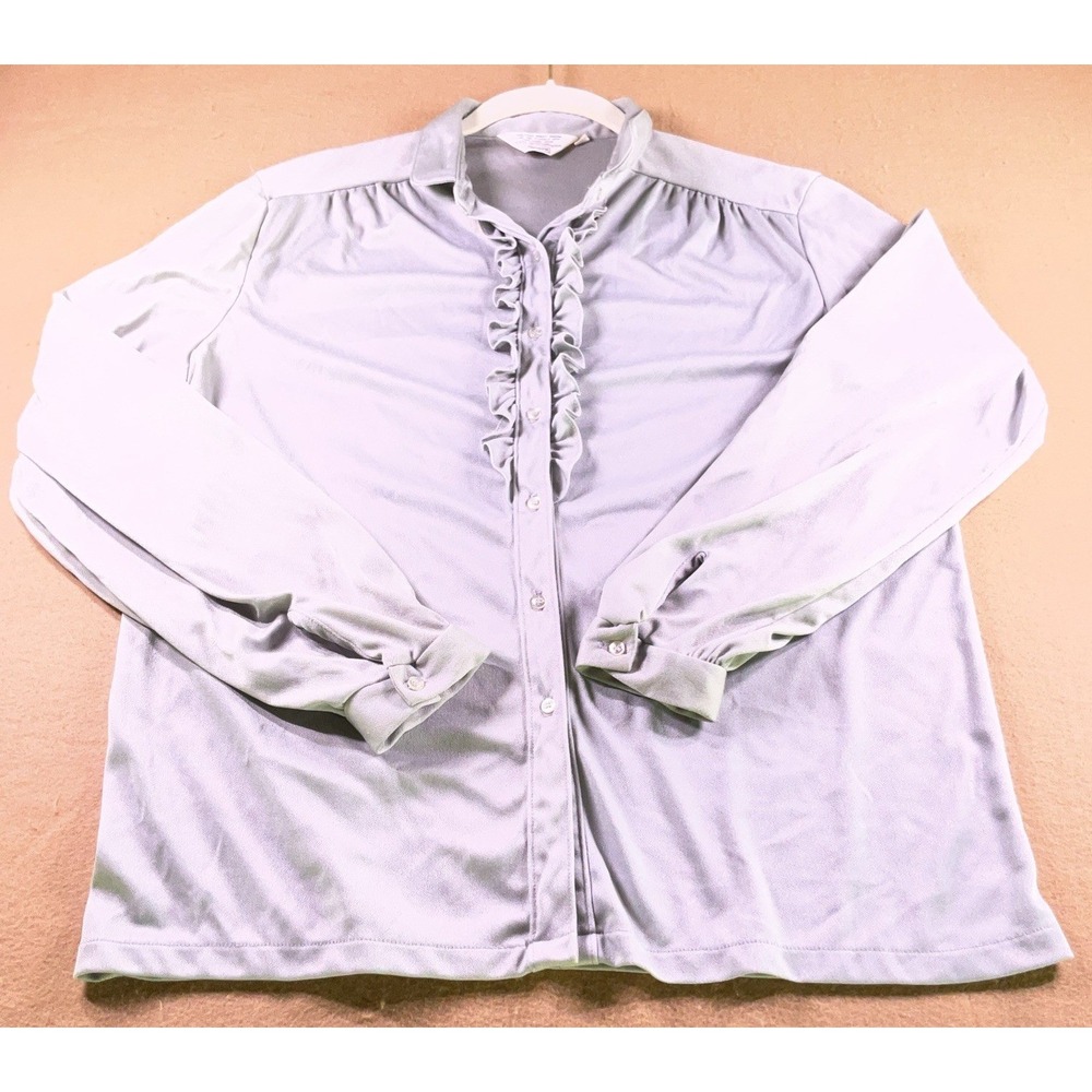 Vintage Sears Qiana Nylon Ruffle Front Blouse Grey Long Sleeve Button Down Sz 14 - Picture 1 of 10